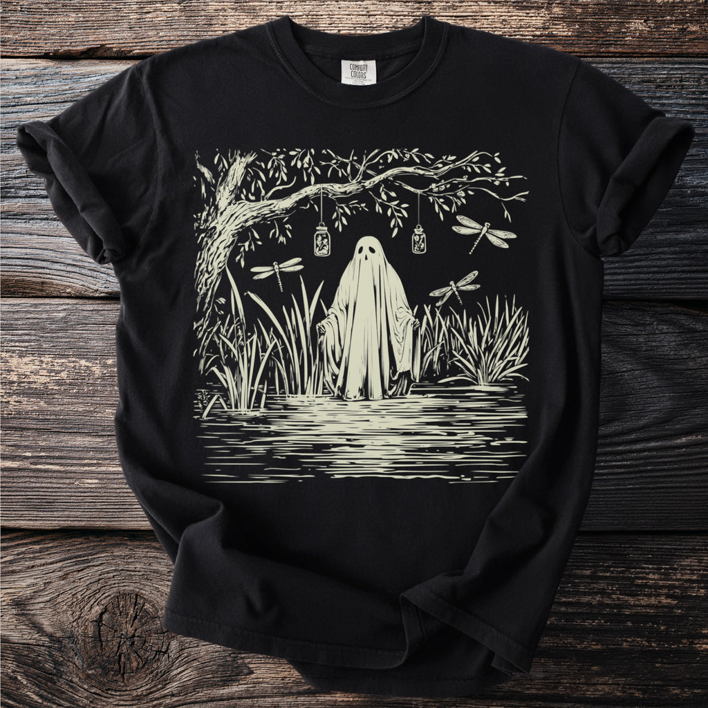 Ghost in marsh with dragonflies, hanging jars, and tree branches.