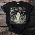 Ghost in marsh with dragonflies, hanging jars, and tree branches.