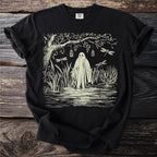 Ghost in marsh with dragonflies, hanging jars, and tree branches.