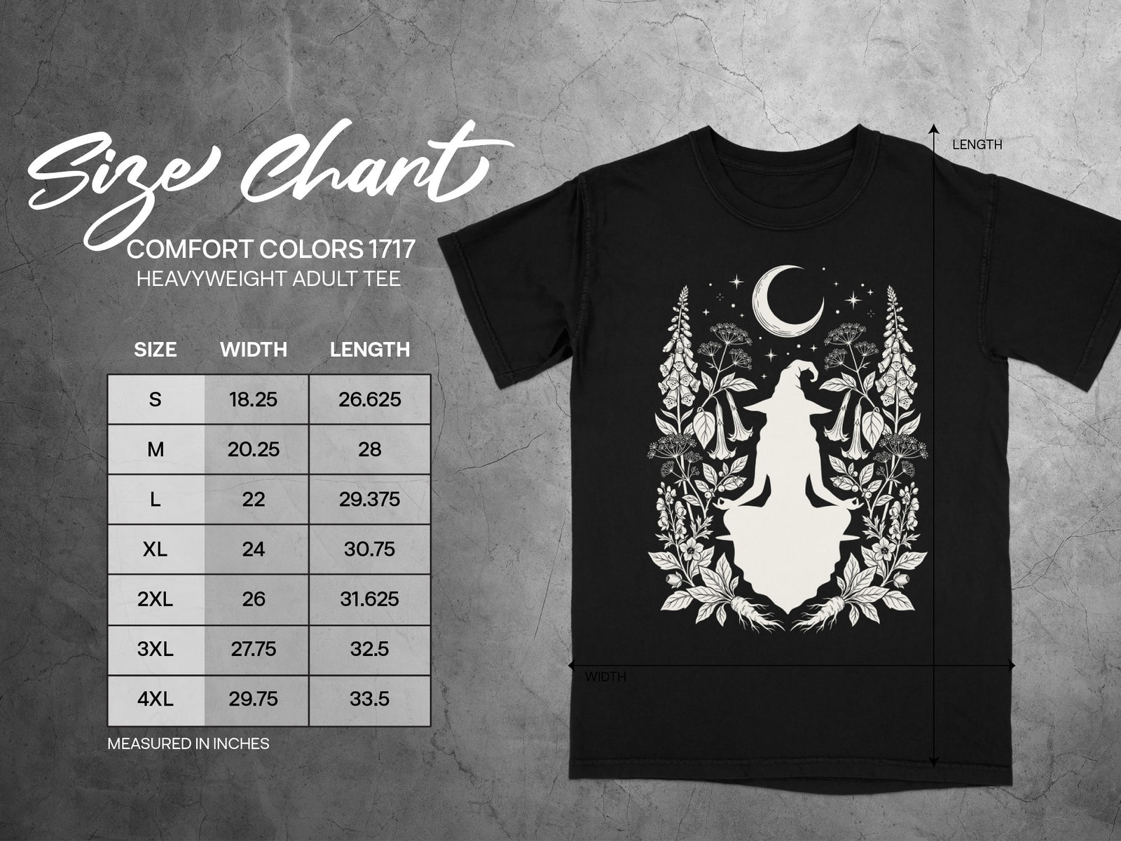 Comfort Colors 1717 heavyweight adult tee size chart shown in inches.