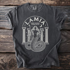 Gravely t-shirt with graphic of Lamia, Greek serpent woman myth, between columns.
