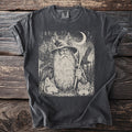 Dark gray t-shirt showing Odin with wolves at rest, ravens, trees, and moon.