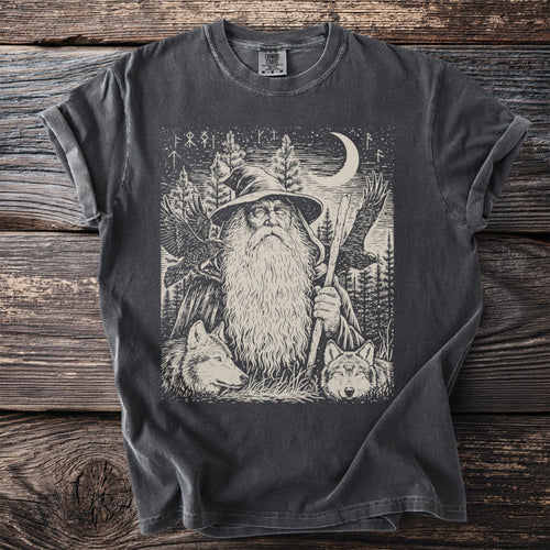 Dark grey t-shirt with a Norse-inspired graphic of a wizard, wolves, and eagles under a moonlit sky.
