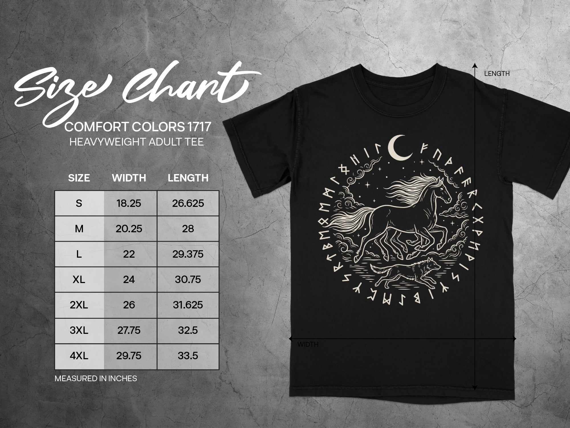 Black t-shirt with size chart and graphic of horse and wolf under moon.