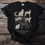 T-shirt graphic "The Felid Cabinet" featuring illustrated wild cats: Snow Leopard, Cheetah, Clouded Leopard, Black Leopard, Pallas's Cat, Jaguar.