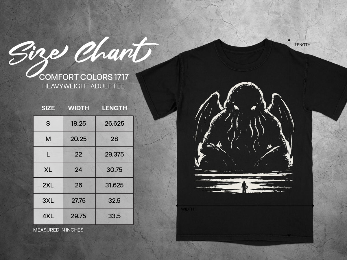 Comfort Colors 1717 heavyweight adult tee size chart with width and length measurements in inches.