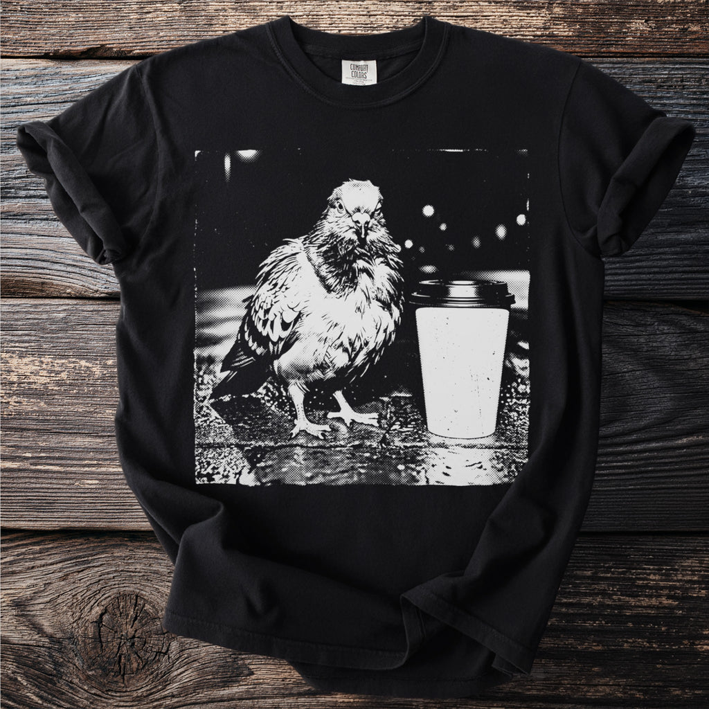 Black t-shirt with a graphic of a pigeon next to a coffee cup.