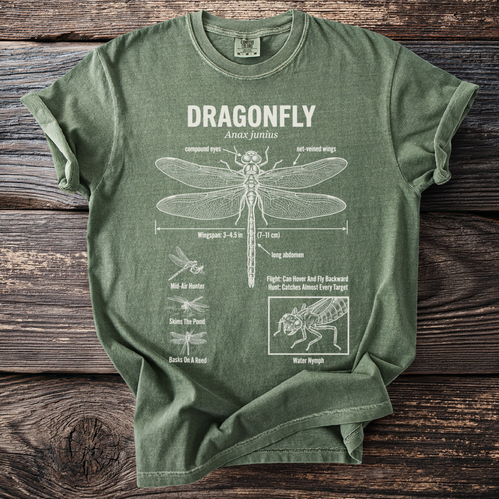Green t-shirt with white dragonfly illustration and anatomical labels.