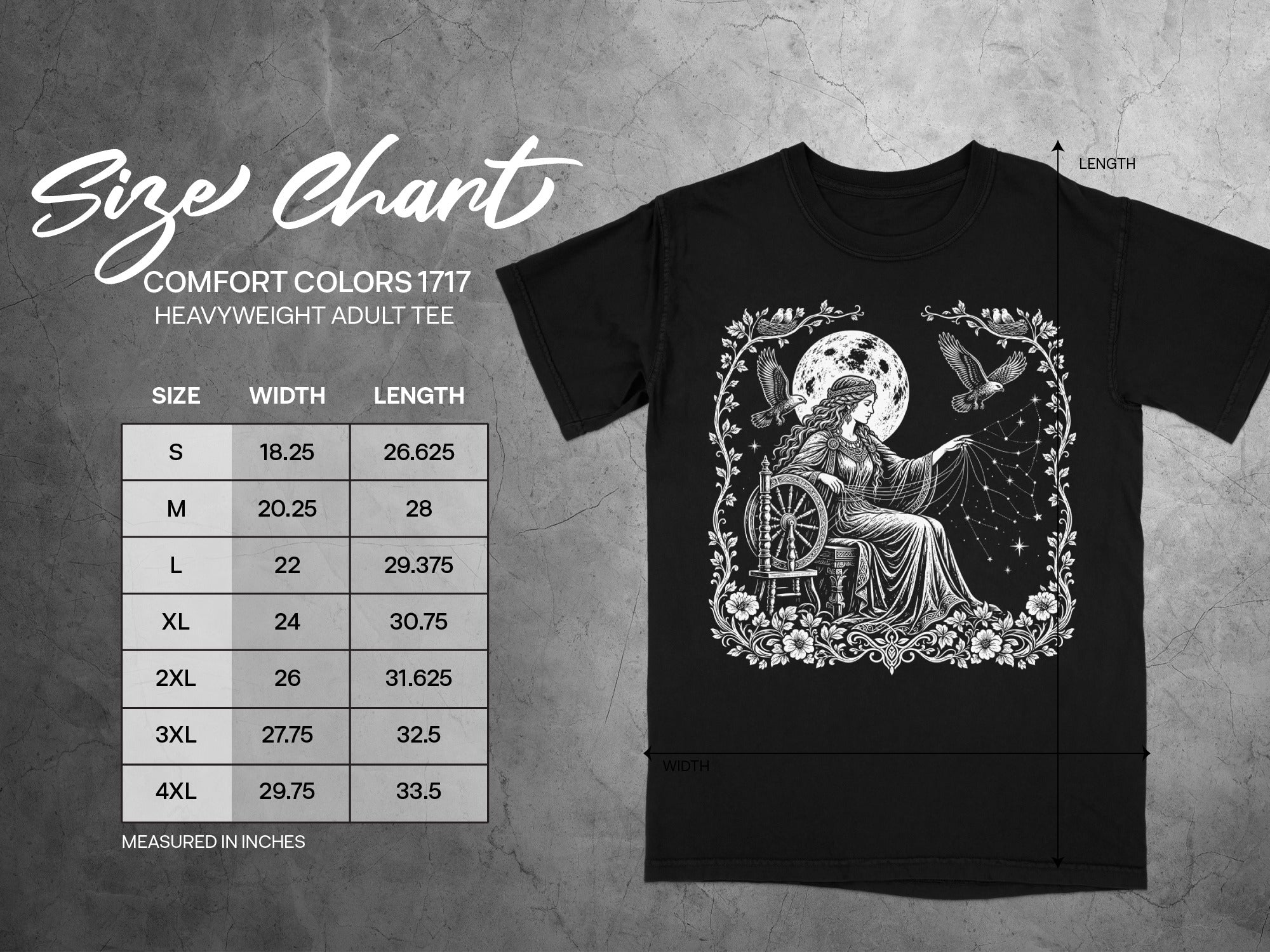 Comfort Colors 1717 heavyweight adult tee size chart with width and length measurements.