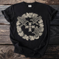 Black t-shirt with circular design of four ravens, foliage, and a central snowflake symbol.