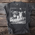 Dark grey t-shirt with a black and white graphic of a dachshund and cat with a drink.