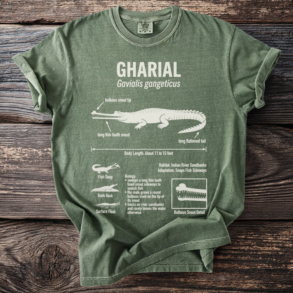Green t-shirt with Gharial infographic detailing anatomy, habitat, and biology.