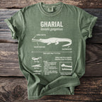 Green t-shirt with Gharial infographic detailing anatomy, habitat, and biology.