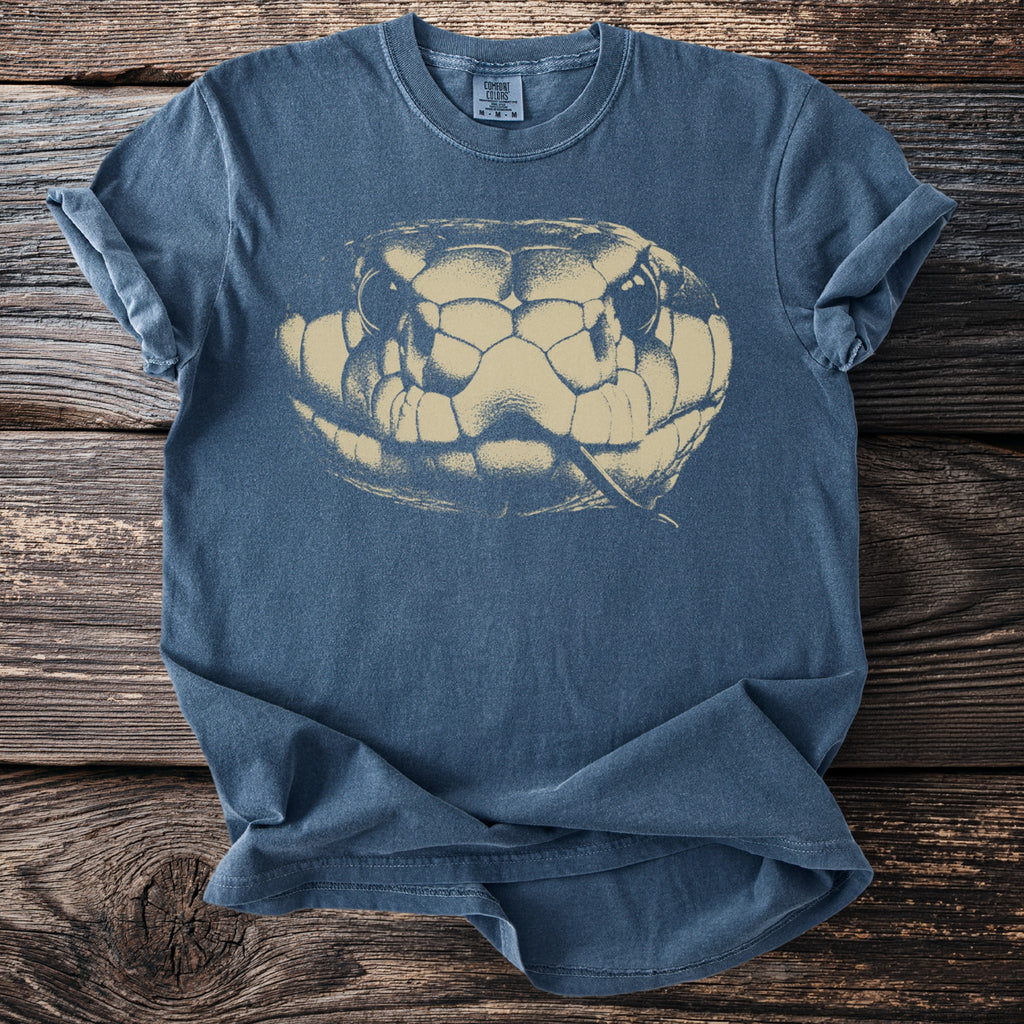 Blue t-shirt with a faded beige snake head graphic and Comfort Colors tag.