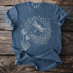 Blue t-shirt with a white line drawing of a dragonfly and dandelions.
