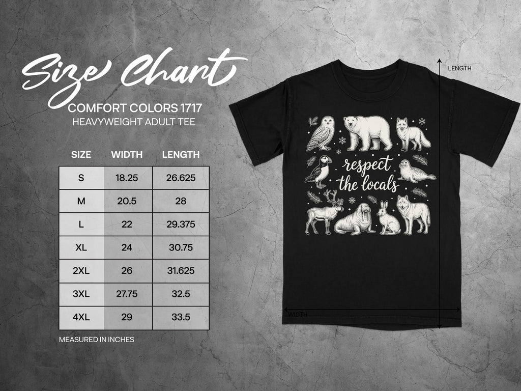 Black t-shirt with arctic animals, the text "respect the locals", and a size chart.