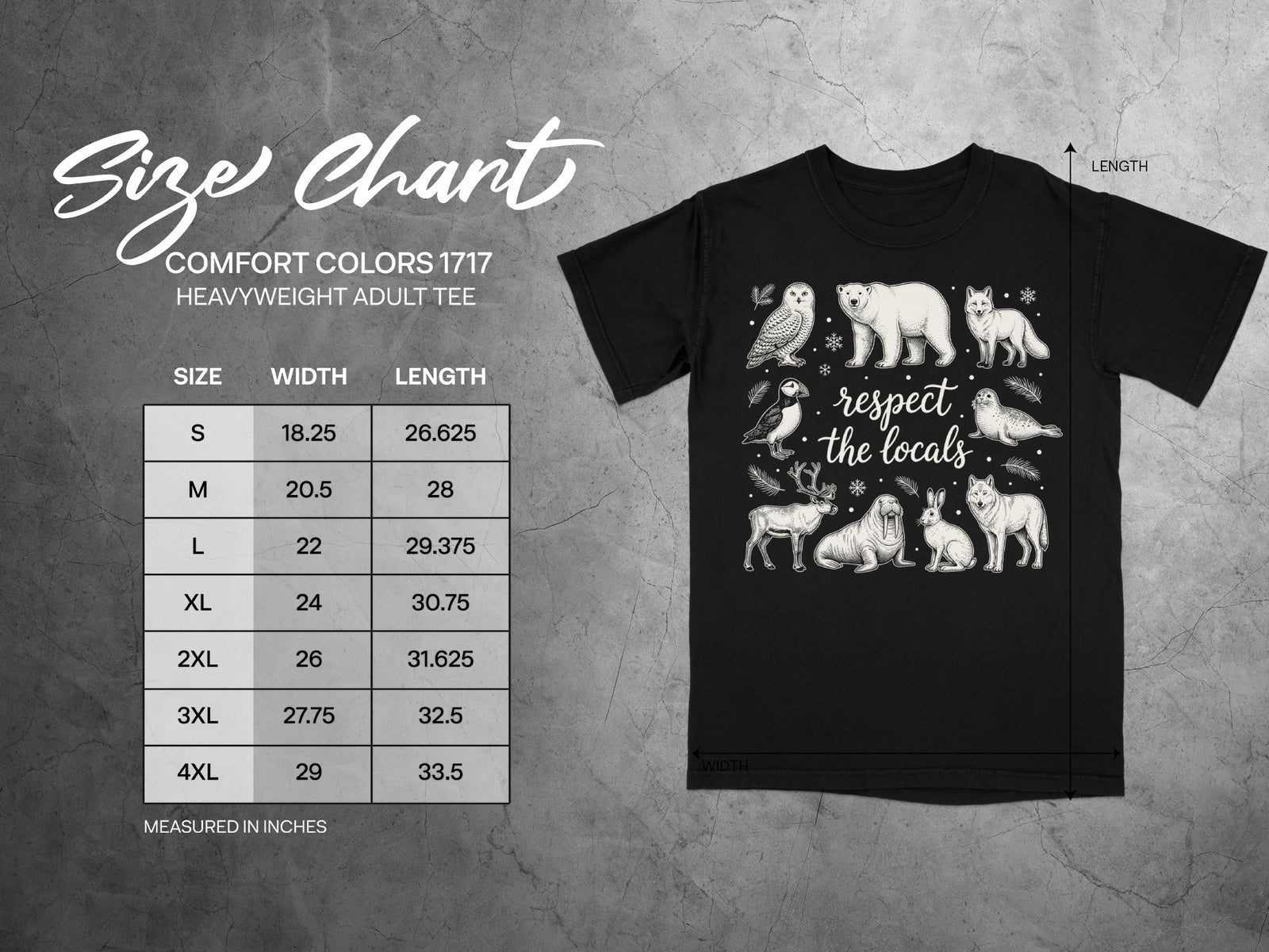 Black t-shirt with arctic animals, the text "respect the locals", and a size chart.