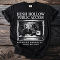 Black t-shirt with Hush Hollow Public Access and Midnight Broadcasts text and owl graphic.