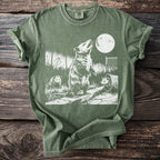 Green t-shirt with distressed graphic of three opossums and a full moon.