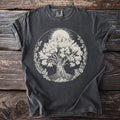 Dark gray t-shirt with a white graphic of a tree of life inside a floral wreath.