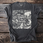 Dark grey t-shirt with white illustration of forest animals and text "respect the locals".