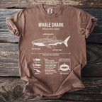 Brown t-shirt with diagram of whale shark, its features, and facts about it.