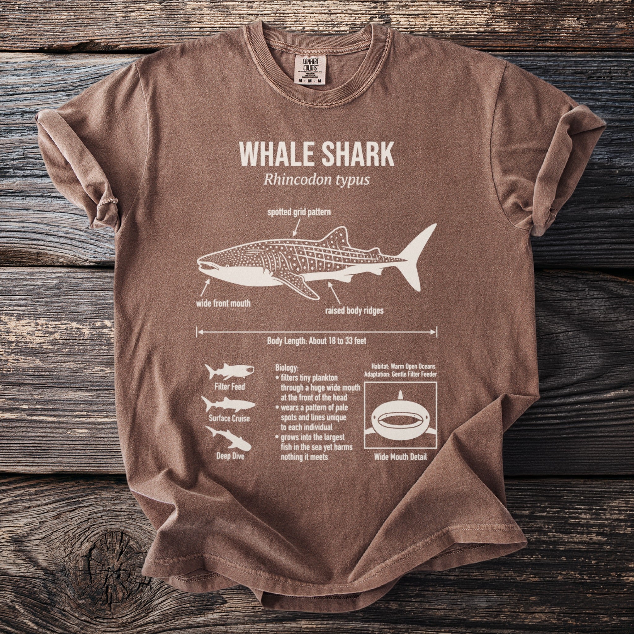 Brown t-shirt with diagram of whale shark, its features, and facts about it.