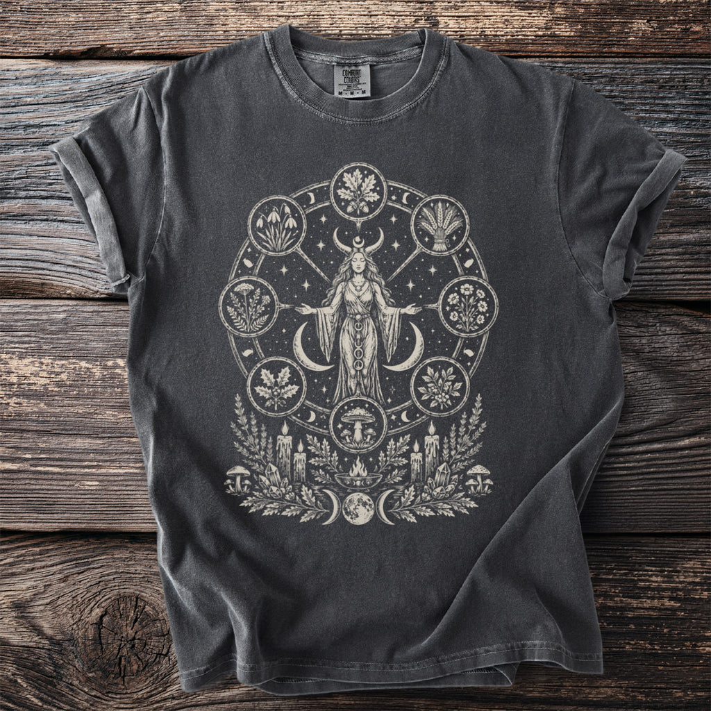 Dark gray t-shirt with a circular pagan-themed graphic.