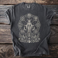 Dark gray t-shirt with a circular pagan-themed graphic.