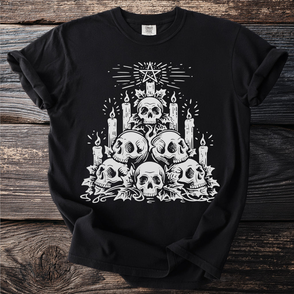 Black t-shirt with a white graphic of skulls, candles, and a pentagram.
