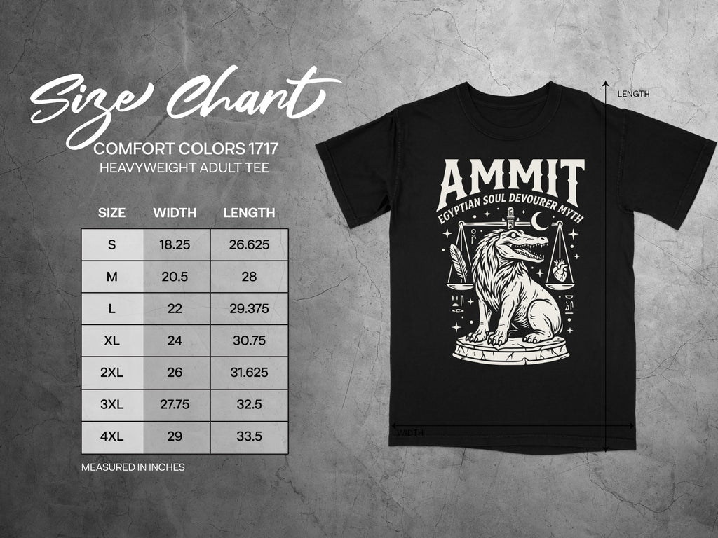 Comfort Colors 1717 garment size chart in inches.