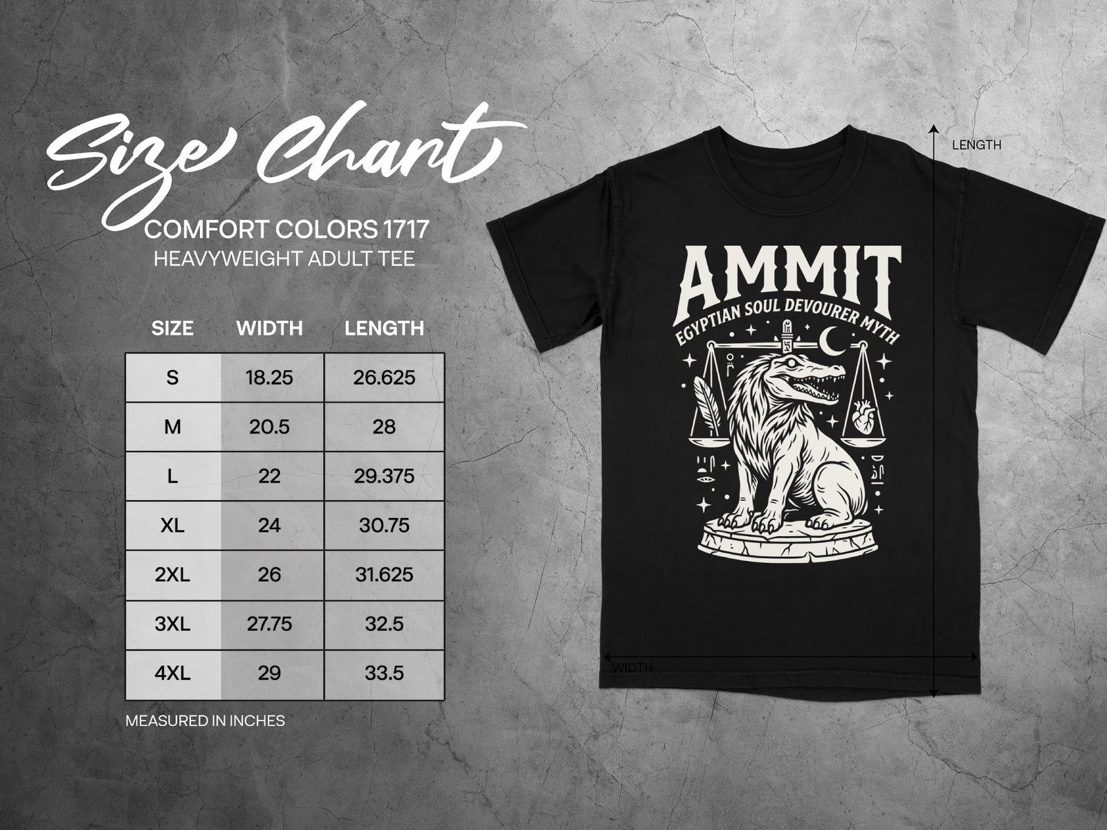 Comfort Colors 1717 garment size chart in inches.