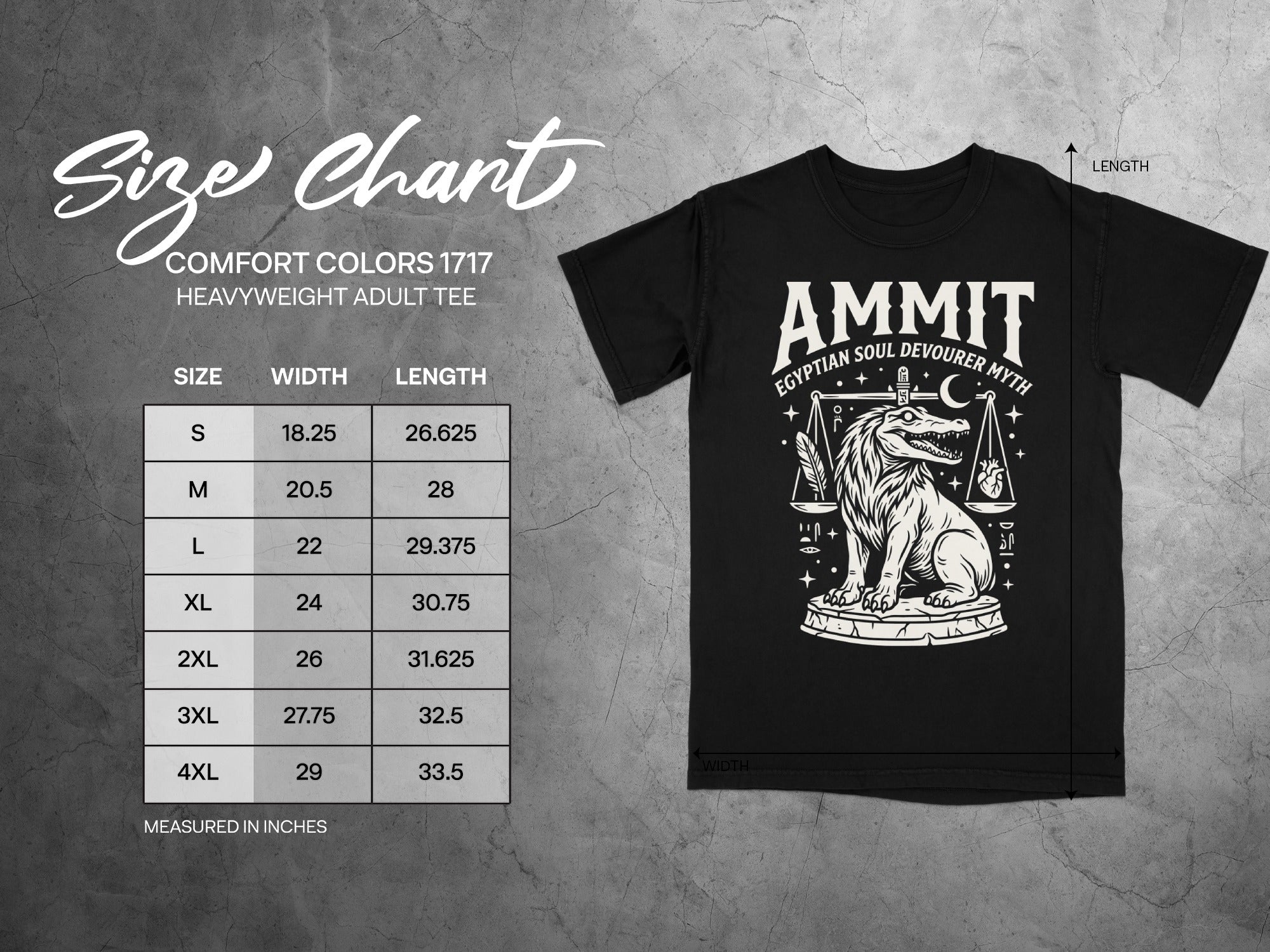 Comfort Colors 1717 garment size chart in inches.