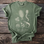 Green t-shirt with "The Living Light Bioluminescence Plate XLII" design of sea creatures and text.