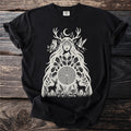 Black t-shirt with cream illustration of a woman, deer, owl, bird, and labyrinth.