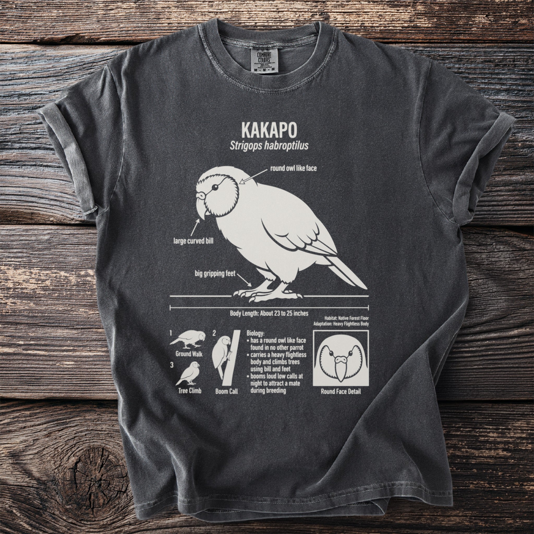 Kakapo illustration with biological details on charcoal t-shirt.