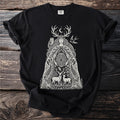 Black t-shirt with a white line art design of a woman with antlers, moon, owl, and deer.