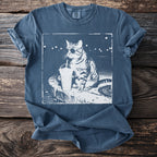 T-shirt with a tabby cat wearing sunglasses and holding an iced drink.