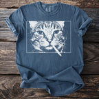 Blue t-shirt with white graphic of a cat smoking a cigarette.
