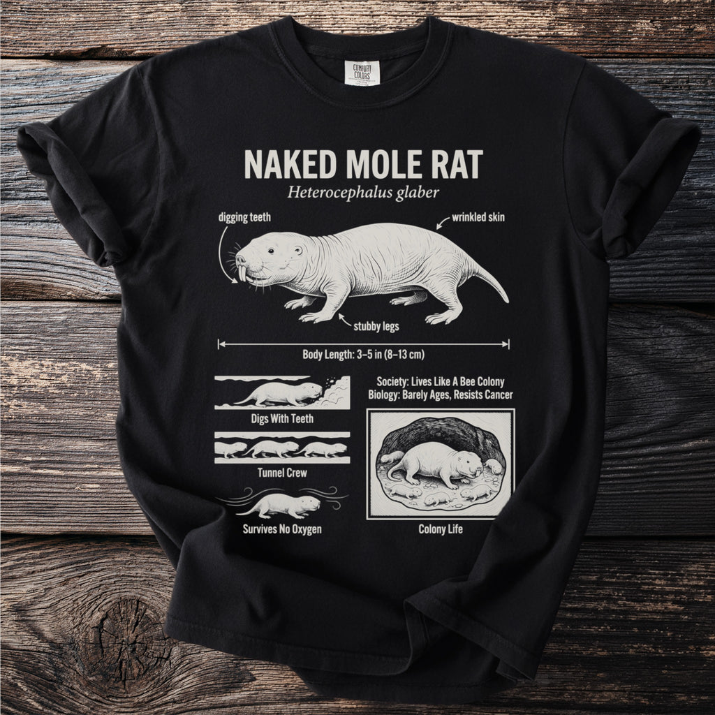 Naked Mole Rat illustration with facts about digging teeth, body length, and colony life.