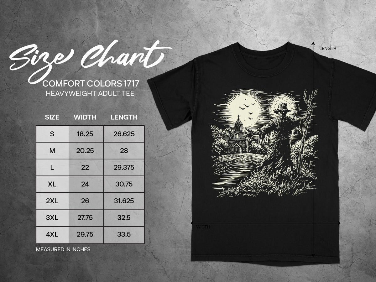 Comfort Colors 1717 heavyweight adult tee size chart with width and length measurements in inches.