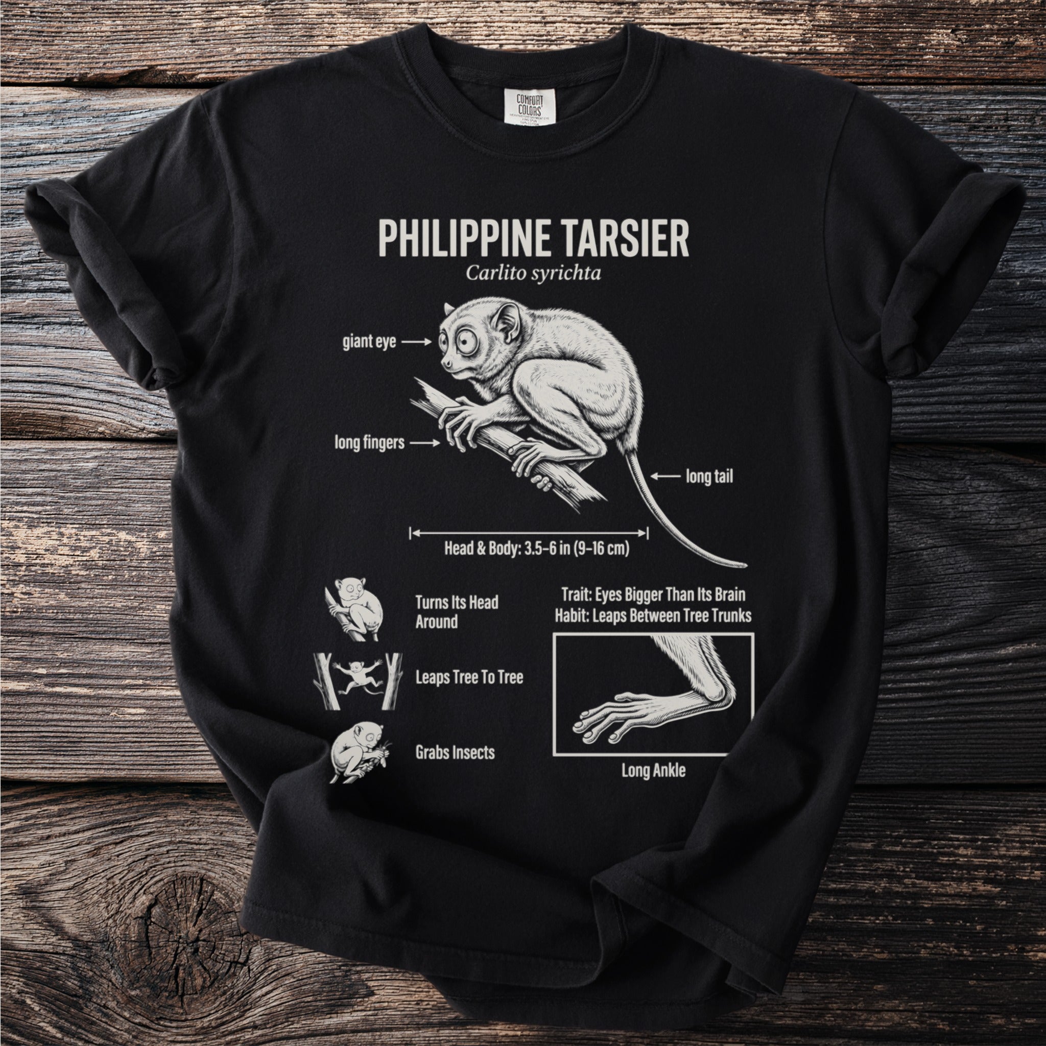 Black t-shirt with Philippine Tarsier illustration and diagram of features.
