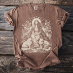 Brown t-shirt with cream graphic of woman, two foxes, and celestial moon phases.
