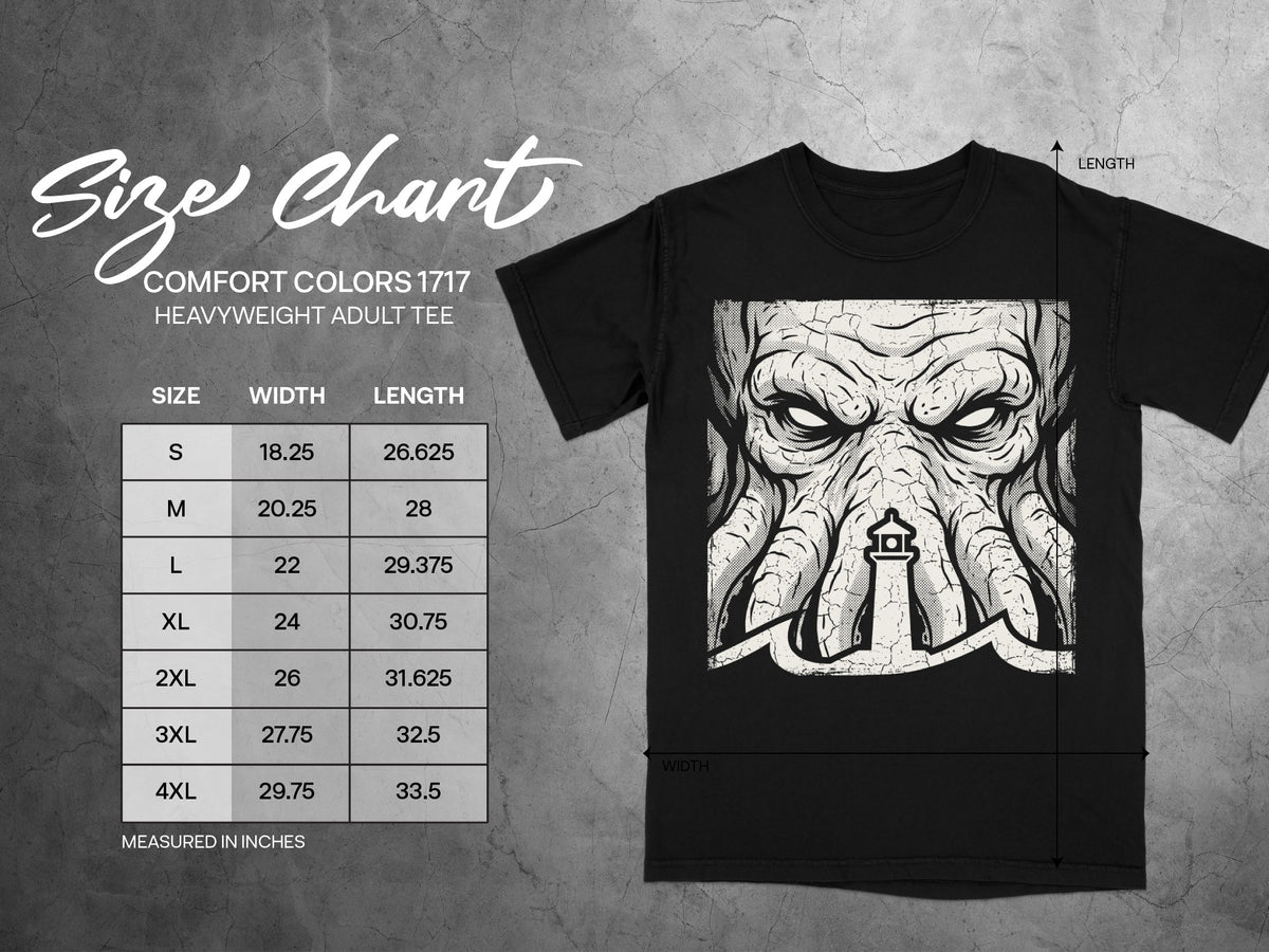 Comfort Colors 1717 heavyweight adult tee size chart with width and length measurements.