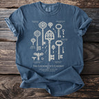 T-shirt with illustrated historical keys titled "The Locksmith's Cabinet".