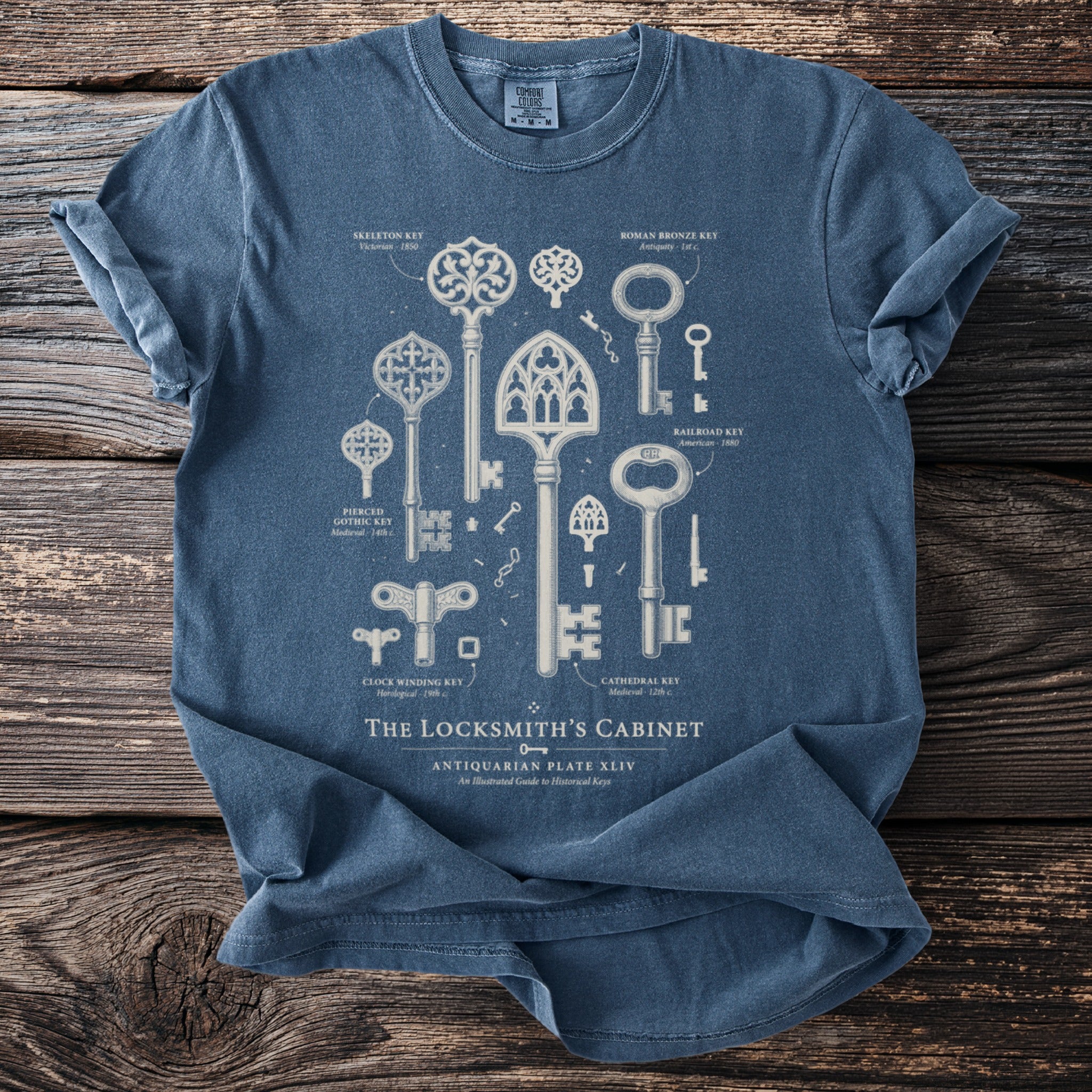 T-shirt with illustrated historical keys titled "The Locksmith's Cabinet".