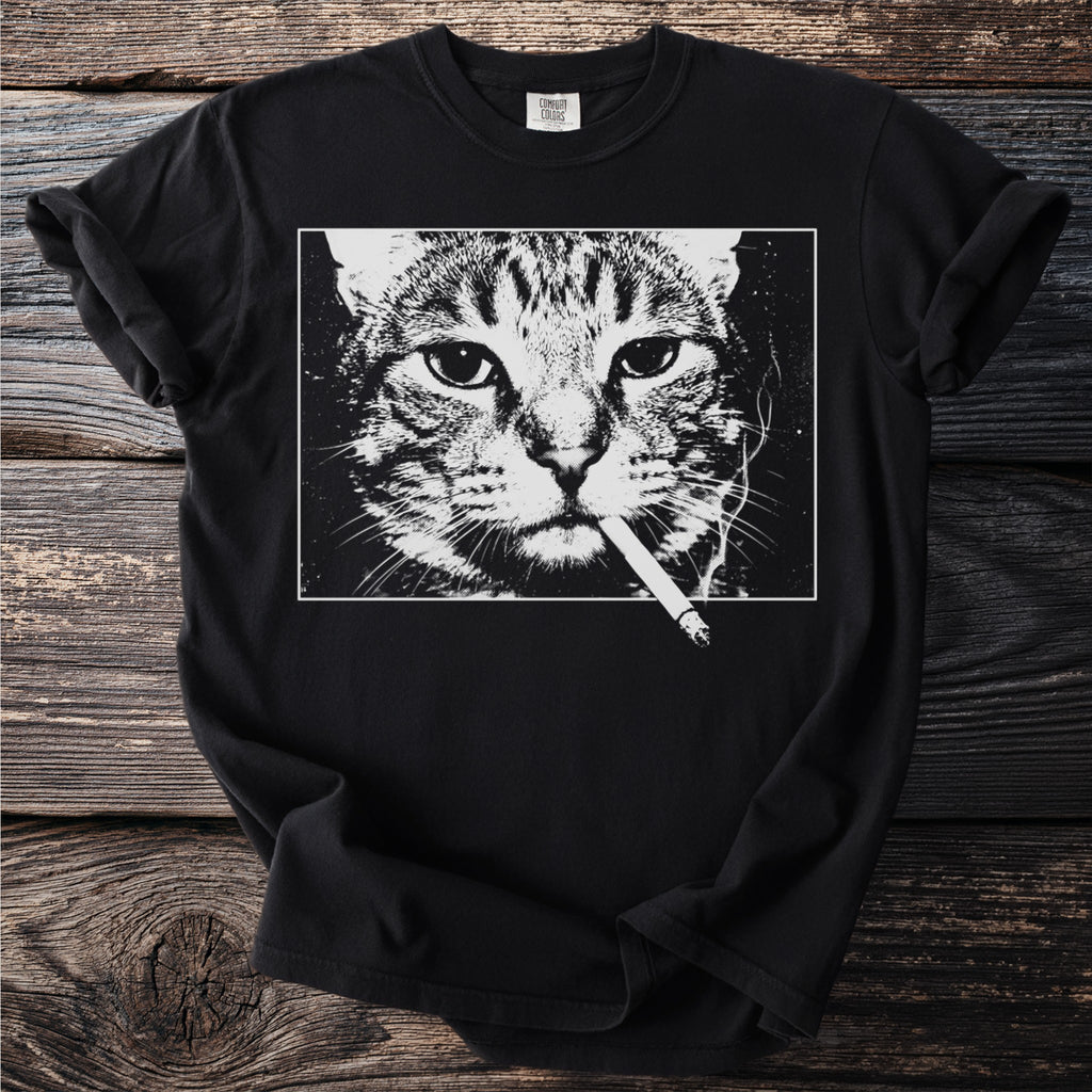 Black t-shirt with a white graphic of a cat's face smoking a cigarette.