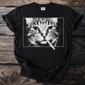 Black t-shirt with a white graphic of a cat's face smoking a cigarette.