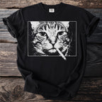 Black t-shirt with a white graphic of a cat's face smoking a cigarette.