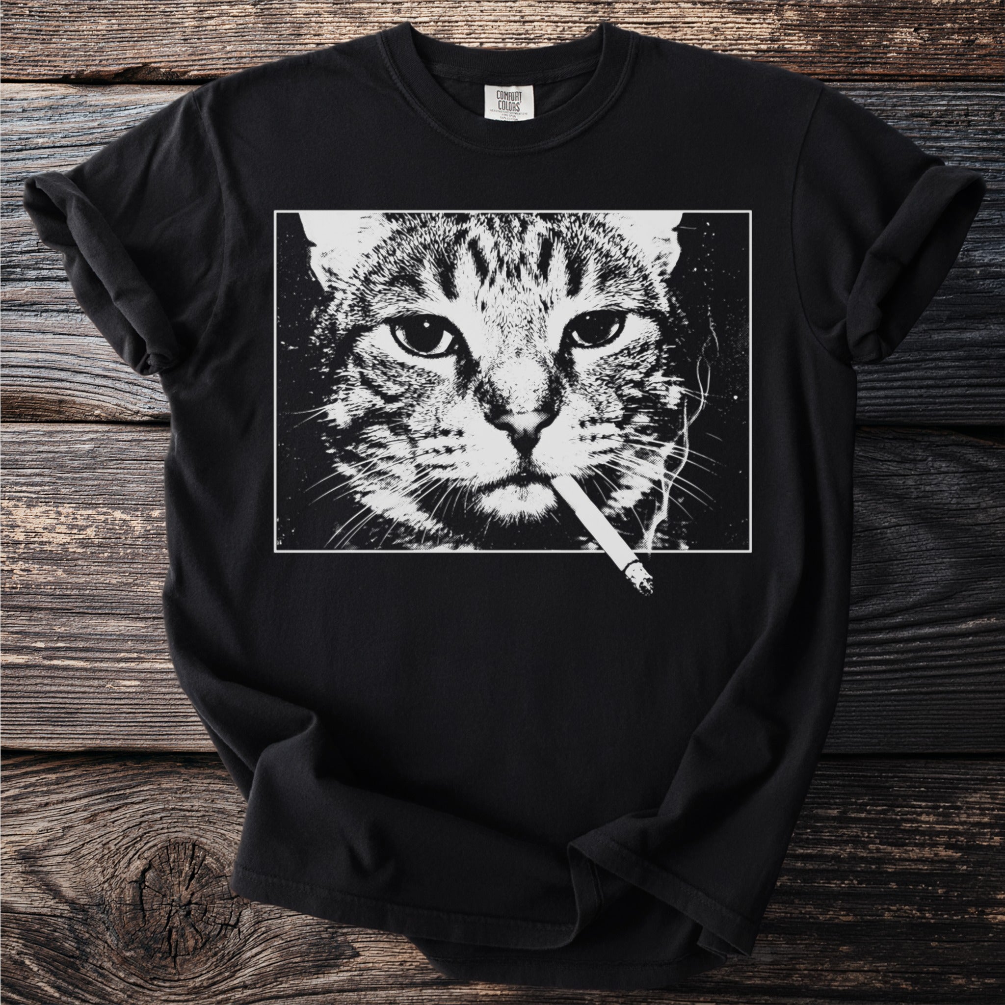 Black t-shirt with a white graphic of a cat's face smoking a cigarette.